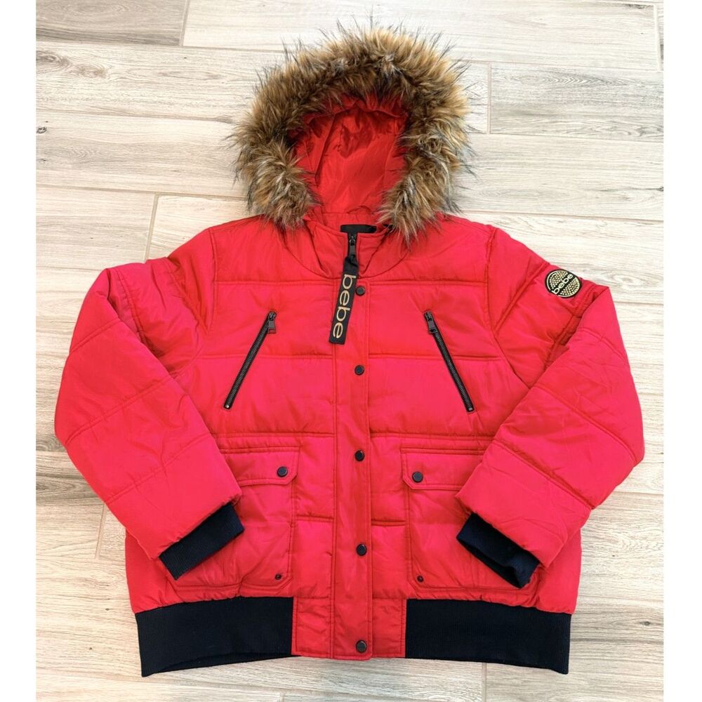 Bebe Red Puffer Jacket 1X Faux Fur Hood Sequin Logo Y2K Rhinestone Coat